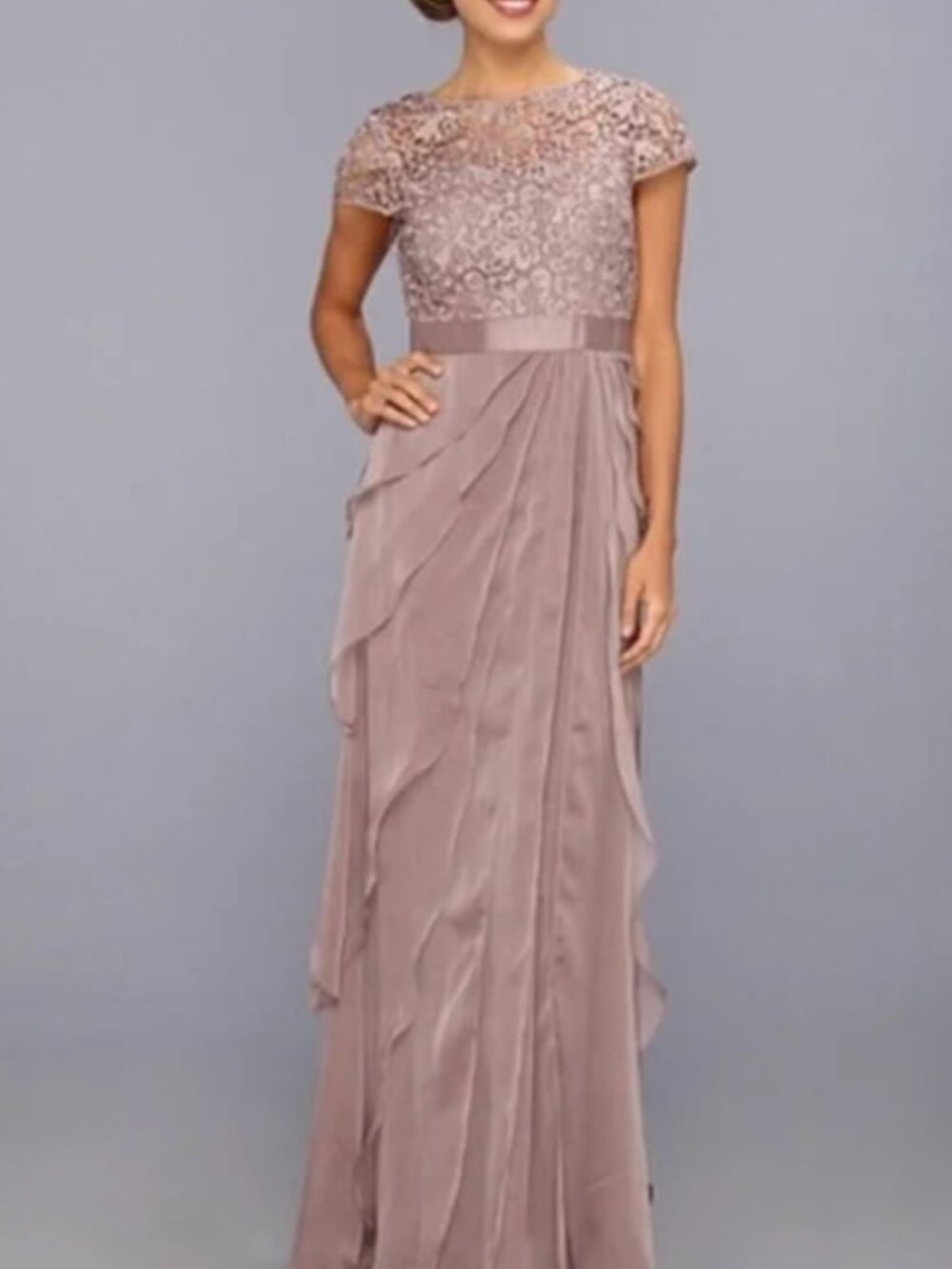 Adrianna Papell Lace - Chiffon Gown Taupe Flutter Tiered Formal Dress Size 2